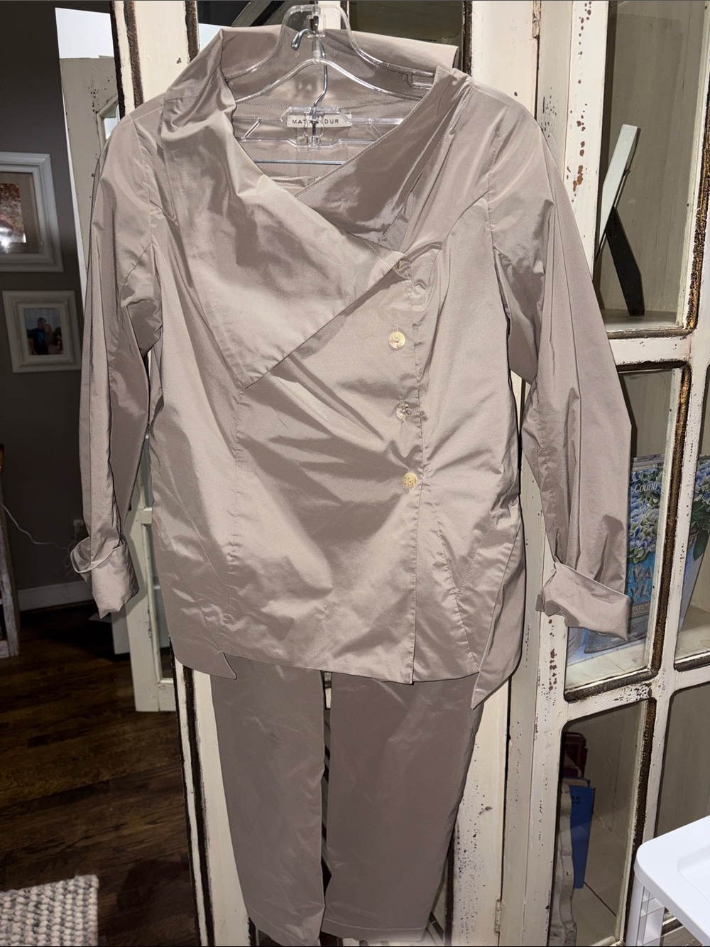MatthildurWomen’s Taupe Two-Piece Pantsuit with Asymmetrical Button Jacket